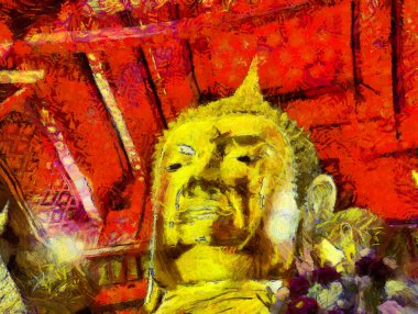 Ayutthaya 'daki büyük altın Buda Dünya Mirası Resimleri, izlenimci bir resim stili yaratıyor..