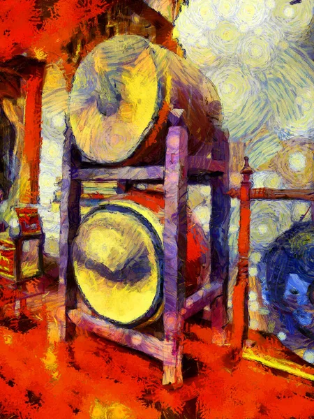 Big ancient drum Illustrations creates an impressionist style of painting.