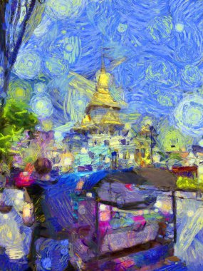 Bangkok Illustrations 'ın en uzun pagodası empresyonist bir resim tarzı yaratıyor..