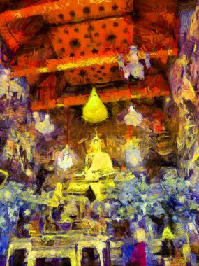 Wat Arun Bangkok Tayland ve Illustrations 'ın manzarası empresyonist bir resim tarzı yaratıyor..