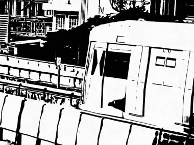 Tren istasyonundaki tren siyah beyaz çizimler.