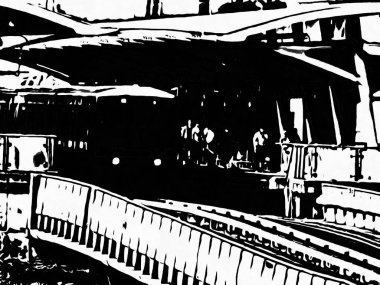Tren istasyonundaki tren siyah beyaz çizimler.