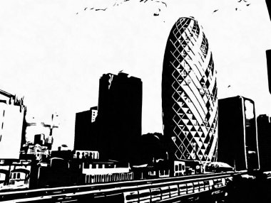 Bangkok şehir manzarası Siyah beyaz çizimler.