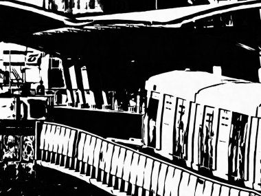 Tren istasyonundaki tren siyah beyaz çizimler.