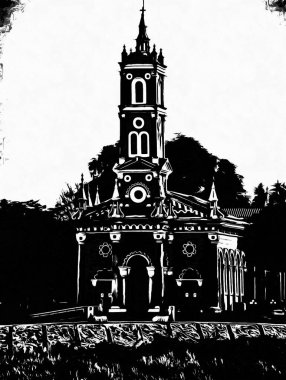 Gotik Mimari Kilisesi Siyah ve Beyaz Çizimler.