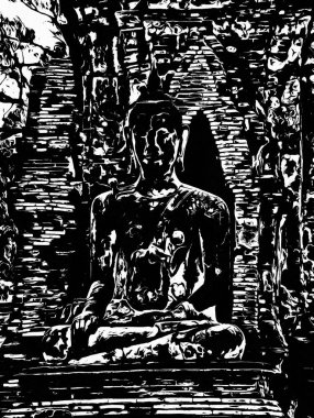 Ayutthaya 'daki Antik Harabeler Dünya Mirası Alanı Siyah ve Beyaz Çizimler.