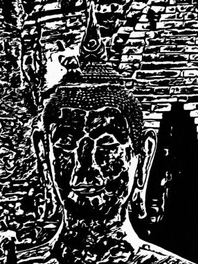 Ayutthaya 'daki Antik Harabeler Dünya Mirası Alanı Siyah ve Beyaz Çizimler.