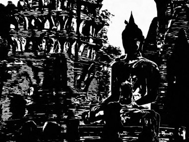 Ayutthaya 'daki Antik Harabeler Dünya Mirası Alanı Siyah ve Beyaz Çizimler.