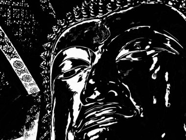 Ayutthaya Dünya Mirası Alanındaki büyük antik Buda heykeli Siyah ve Beyaz Çizimler.