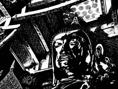 Ayutthaya Dünya Mirası Alanındaki büyük antik Buda heykeli Siyah ve Beyaz Çizimler.