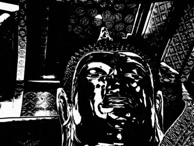 Ayutthaya Dünya Mirası Alanındaki büyük antik Buda heykeli Siyah ve Beyaz Çizimler.