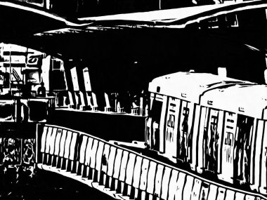 Tren istasyonundaki tren siyah beyaz çizimler.