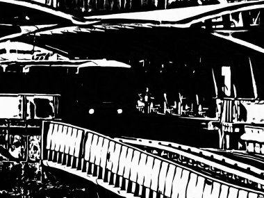 Tren istasyonundaki tren siyah beyaz çizimler.