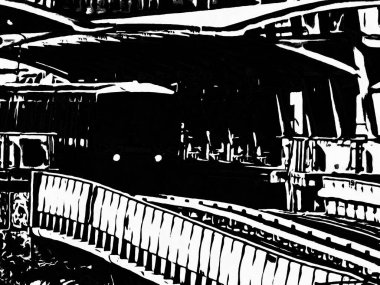 Tren istasyonundaki tren siyah beyaz çizimler.