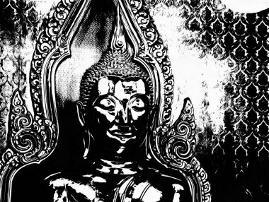 Bangkok 'taki büyük antik Buda heykeli Siyah beyaz çizimler.