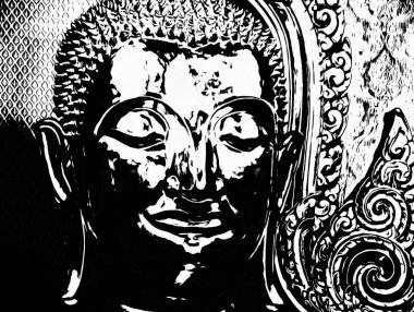 Bangkok 'taki büyük antik Buda heykeli Siyah beyaz çizimler.