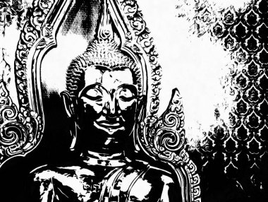 Bangkok 'taki büyük antik Buda heykeli Siyah beyaz çizimler.