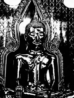 Bangkok 'taki büyük antik Buda heykeli Siyah beyaz çizimler.