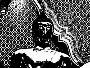 Bangkok 'taki büyük antik Buda heykeli Siyah beyaz çizimler.