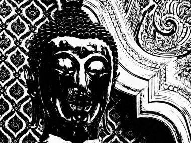 Bangkok 'taki büyük antik Buda heykeli Siyah beyaz çizimler.