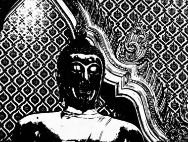 Bangkok 'taki büyük antik Buda heykeli Siyah beyaz çizimler.