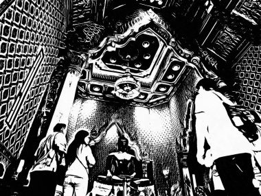 Bangkok 'taki büyük antik Buda heykeli Siyah beyaz çizimler.