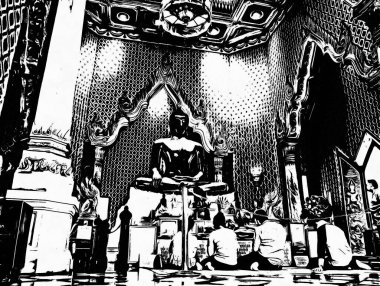 Bangkok 'taki büyük antik Buda heykeli Siyah beyaz çizimler.