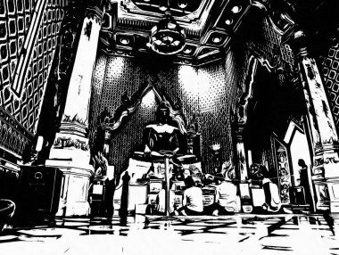 Bangkok 'taki büyük antik Buda heykeli Siyah beyaz çizimler.