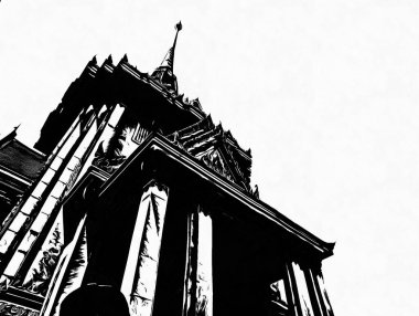 Bangkok 'taki uzun pagoda Siyah beyaz çizimler.