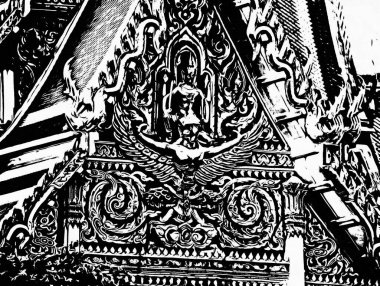 Tayland mimarisinin manzarası, eski çatılar siyah beyaz çizimler..