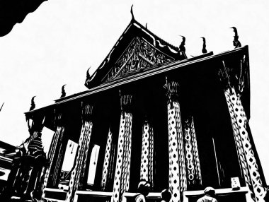 Wat Arun Bangkok Siyah beyaz çizimlerinin manzarası.