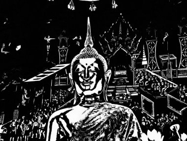 Wat Arun Bangkok Siyah beyaz çizimlerinin manzarası.