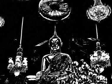 Wat Arun Bangkok Siyah beyaz çizimlerinin manzarası.