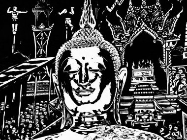 Wat Arun Bangkok Siyah beyaz çizimlerinin manzarası.