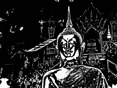 Wat Arun Bangkok Siyah beyaz çizimlerinin manzarası.