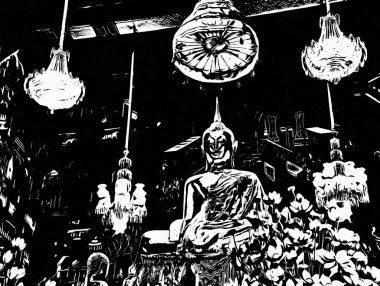 Wat Arun Bangkok Siyah beyaz çizimlerinin manzarası.