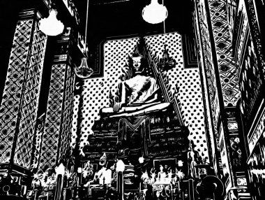 Wat Arun Bangkok Siyah beyaz çizimlerinin manzarası.