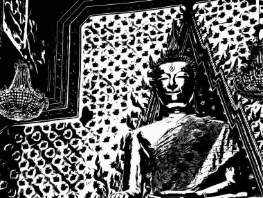 Wat Arun Bangkok Siyah beyaz çizimlerinin manzarası.