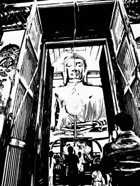 Ayutthaya Dünya Mirası Alanındaki büyük antik Buda heykeli Siyah ve Beyaz Çizimler.