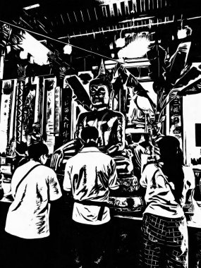 Ayutthaya Dünya Mirası Alanındaki büyük antik Buda heykeli Siyah ve Beyaz Çizimler.