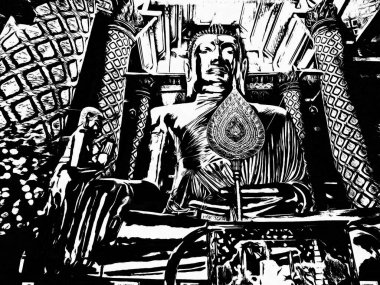 Ayutthaya Dünya Mirası Alanındaki büyük antik Buda heykeli Siyah ve Beyaz Çizimler.