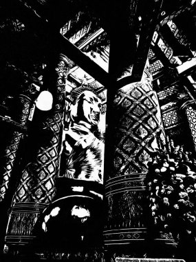 Ayutthaya Dünya Mirası Alanındaki büyük antik Buda heykeli Siyah ve Beyaz Çizimler.