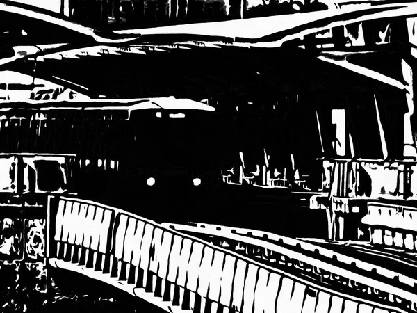 Tren istasyonundaki tren siyah beyaz çizimler.