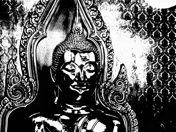 Bangkok 'taki büyük antik Buda heykeli Siyah beyaz çizimler.