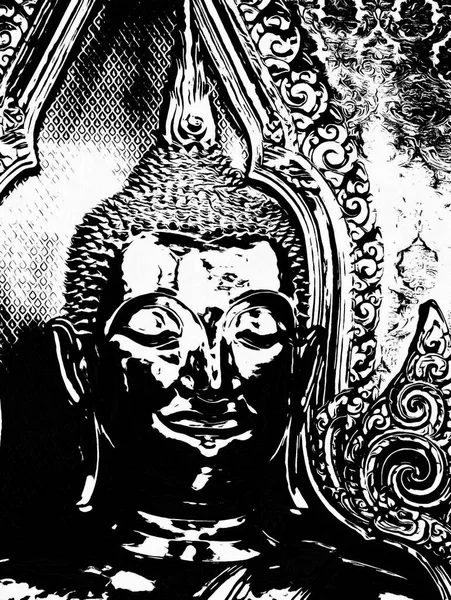 Bangkok 'taki büyük antik Buda heykeli Siyah beyaz çizimler.