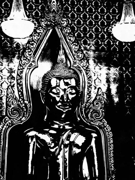 Bangkok 'taki büyük antik Buda heykeli Siyah beyaz çizimler.