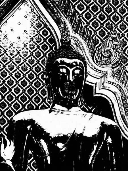 Bangkok 'taki büyük antik Buda heykeli Siyah beyaz çizimler.