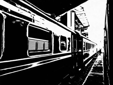 Tayland trenleri tren istasyonuna giriyor Siyah beyaz çizimler.