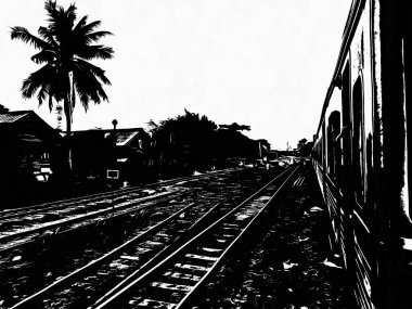 Tayland trenleri tren istasyonuna giriyor Siyah beyaz çizimler.