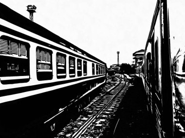 Tayland trenleri tren istasyonuna giriyor Siyah beyaz çizimler.